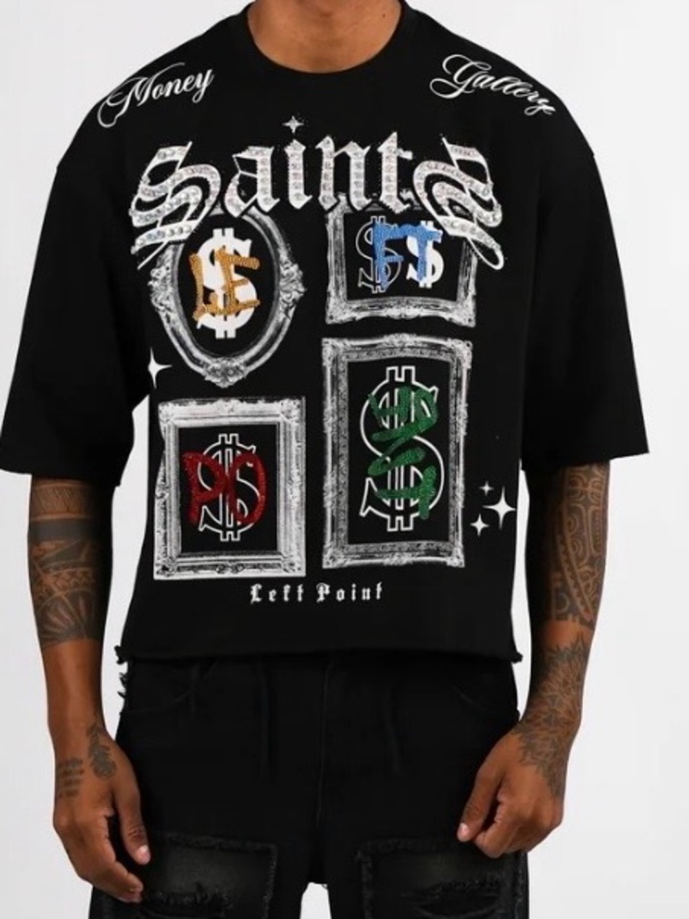 Left point Black T-Shirt Saints Money $ Print men's short sleeve Tee 3XL NWT